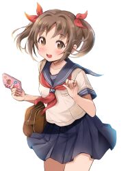 Rule 34 | 1girl, bag, blue sailor collar, blue skirt, blush, bow, breasts, brown eyes, brown hair, cowboy shot, dot nose, hair bow, hair ribbon, hands up, highres, holding, holding notebook, idolmaster, idolmaster cinderella girls, idolmaster cinderella girls starlight stage, imai kana, long hair, looking at viewer, medium breasts, michii yuuki, neckerchief, notebook, open mouth, pleated skirt, red neckerchief, red ribbon, ribbon, sailor collar, school bag, school uniform, serafuku, shirt, short sleeves, shoulder bag, simple background, skirt, smile, solo, standing, teeth, twintails, upper teeth only, white background, white shirt