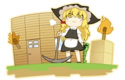 Rule 34 | 1girl, apron, bare legs, blonde hair, bow, braid, creature, creeper, crossover, hair bow, hat, house, kirisame marisa, light smile, long hair, minecraft, pickaxe, single braid, skirt, standing, torch, touhou, transparent background, ume (noraneko), witch, witch hat, yellow eyes