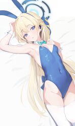 Rule 34 | 1girl, animal ears, armpits, bed sheet, blonde hair, blue archive, blue eyes, blue hair, blue halo, blue leotard, braid, breasts, covered navel, detached collar, fake animal ears, groin, halo, highres, leotard, long hair, multicolored hair, official alternate costume, parted lips, rabbit ears, small breasts, solo, strapless, strapless leotard, streaked hair, thighhighs, toki (blue archive), toki (bunny) (blue archive), white thighhighs, wrist cuffs, zhnyy3