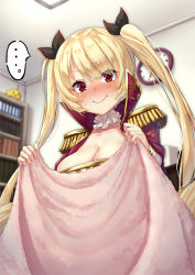Rule 34 | ..., 1girl, azur lane, bed sheet, black ribbon, blonde hair, blush, bookshelf, breasts, choker, cleavage, clock, closed mouth, embarrassed, epaulettes, frilled choker, frills, hair ribbon, high collar, indoors, large breasts, long hair, looking at viewer, nelson (azur lane), nervous smile, nose blush, pensuke, red eyes, ribbon, smile, solo, speech bubble, spoken ellipsis, sweatdrop, twintails, very long hair, wall clock, wavy mouth, white choker