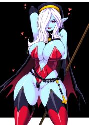 Rule 34 | arm behind back, arm behind leg, blue skin, breasts, cape, colored skin, cowboy shot, cross, demon horns, dragon ball, dragonball z, elbow gloves, gloves, hair over one eye, heart, highres, horns, kiwi (artist), large breasts, leotard, lipstick, long hair, looking at viewer, makeup, navel, neckerchief, pink eyes, pointy ears, staff, thick thighs, thighhighs, thighs, thong leotard, towa (dragon ball), white hair