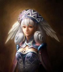 Rule 34 | 1girl, ag+ (atelieriji), blue eyes, breasts, cape, hat, head wings, headdress, highres, looking at viewer, melia antiqua, nintendo, realistic, solo, upper body, white hair, wings, xenoblade chronicles (series), xenoblade chronicles 1