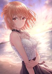 Rule 34 | 1girl, backlighting, bare arms, bare shoulders, beach, black skirt, blush, breasts, closed mouth, cloud, collarbone, commentary, dress, dutch angle, earrings, floral print, from side, hair bun, hand on own arm, highres, horizon, jewelry, looking at viewer, looking to the side, marinesnow, medium breasts, ocean, outdoors, pink hair, red eyes, see-through, see-through shirt, shirt, shirt tucked in, short hair, side bun, single hair bun, single side bun, skirt, sky, sleeveless, sleeveless shirt, smile, solo, sunset, tears, upper body, water, yahari ore no seishun lovecome wa machigatteiru., yuigahama yui