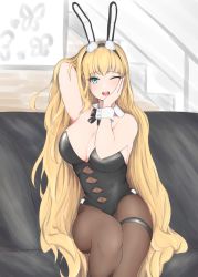 Rule 34 | 1girl, animal ears, azur lane, black bow, black bowtie, black leotard, black pantyhose, blonde hair, blue eyes, blush, bow, bowtie, breasts, cleavage, couch, fake animal ears, feet out of frame, hand in own hair, hand on own cheek, hand on own face, highres, leotard, long hair, looking at viewer, medium breasts, north carolina (azur lane), north carolina (the heart&#039;s desire) (azur lane), official alternate costume, one eye closed, open mouth, pantyhose, playboy bunny, rabbit ears, sitting, smile, solo, teeth, unijou ri, upper teeth only, very long hair