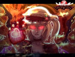 Rule 34 | 1girl, angry, bad id, bad pixiv id, blonde hair, collar, collarbone, dress, embodiment of scarlet devil, fang, female focus, flandre scarlet, foreshortening, hat, heart, heart (organ), highres, lace, letterboxed, lips, portrait, red dress, red eyes, scowl, short hair, side ponytail, slit pupils, sneer, solo, tears, touhou, unknown showhey, wings