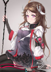 Rule 34 | 1girl, absurdres, ahoge, animal ears, arknights, bandaged arm, bandages, black thighhighs, blush, braid, breasts, brown footwear, brown hair, closed mouth, cross-laced footwear, dress, eyjafjalla (arknights), goat ears, goat horns, goggles, unworn goggles, gradient background, grey background, headphones, headphones around neck, highres, horns, jacket, long hair, looking at viewer, mask, mask around neck, medium breasts, monegi, purple dress, red eyes, shoes, short braid, short dress, side braid, simple background, sitting, solo, staff, thighhighs, thighs, wariza, white jacket