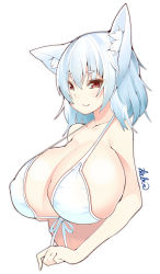 1girl animal_ears bad_id bad_pixiv_id bikini blush breasts cleavage fang front-tie_top highres huge_breasts inubashiri_momiji kabun_(suzuna_jct) red_eyes short_hair signature silver_hair simple_background smile solo swimsuit touhou white_background white_bikini wolf_ears