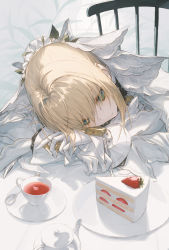 Rule 34 | 1girl, blonde hair, bridal veil, cake, chain, chair, closed mouth, commentary request, cup, expressionless, eyelashes, fate/extra, fate/extra ccc, fate/grand order, fate (series), food, fruit, gloves, green eyes, head rest, head wreath, holding, lock, long sleeves, looking away, nero claudius (bride) (fate), nero claudius (fate), nero claudius (fate) (all), padlock, petals, plant, plate, saucer, sidelocks, sitting, solo, spoon, strawberry, table, tea, teacup, teapot, upper body, veil, wanke, white gloves