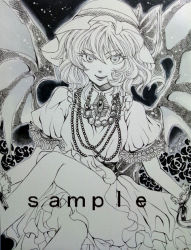 Rule 34 | 1girl, 9-6, bat wings, beads, brooch, dress, eyelashes, female focus, gradient background, hat, hat ribbon, jewelry, marker (medium), monochrome, necklace, puffy short sleeves, puffy sleeves, remilia scarlet, ribbon, sample watermark, short sleeves, smile, solo, touhou, traditional media, watermark, wings, wrist cuffs