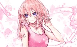 1girl blush breasts cleavage hair_between_eyes hand_in_own_hair highres honeyworks long_hair medium_breasts missrose233 pink_hair pink_shirt purple_eyes setoguchi_hina shirt smile solo upper_body virtual_youtuber