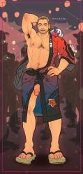 Rule 34 | 1boy, abs, arm behind head, armpit hair, armpits, bara, bare pectorals, blonde hair, blush, chest hair, facial hair, festival, flaccid, hand on own hip, happy, highres, holding, japanese clothes, kimono, large pectorals, male focus, multicolored clothes, multicolored kimono, muscular, muscular male, navel, nickiecharles, nipples, original, pectorals, penis, revealing clothes, short hair, solo, translation request