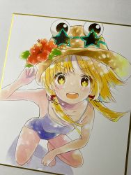 Rule 34 | 1girl, barefoot, blonde hair, hat, highres, looking at viewer, medium hair, moriya suwako, one-piece swimsuit, open mouth, purple one-piece swimsuit, solo, squatting, swimsuit, toenails, toes, touhou, traditional media, yellow eyes, yuzugoori