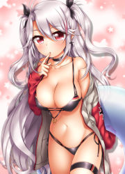Rule 34 | 1girl, absurdres, azur lane, bikini, black bikini, breasts, choker, cleavage, commentary request, cross, earrings, finger to mouth, flag print, german flag, german flag bikini, hair between eyes, highres, index finger raised, innertube, iron cross, jewelry, large breasts, long hair, looking at viewer, multi-strapped bikini bottom, multi-strapped bikini top, multicolored hair, navel, oooqqq, parted lips, prinz eugen (azur lane), prinz eugen (unfading smile) (azur lane), red eyes, silver hair, solo, swim ring, swimsuit, thigh strap, two-tone hair, two side up