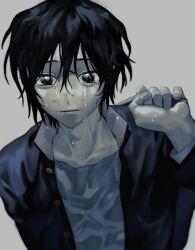 Rule 34 | 1boy, arm at side, bag, black eyes, black hair, black jacket, blue shirt, carrying over shoulder, closed mouth, gakuran, grey background, hand up, highres, holding, holding bag, jacket, long sleeves, looking at viewer, male focus, open clothes, open jacket, pale skin, randal&#039;s friends, school uniform, shirt, short hair, simple background, smile, solo, takushi (taxi739), tsukada satoru, upper body, wet, wet clothes, wet face, wet hair