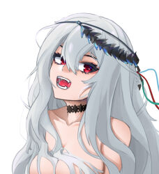 Rule 34 | 1girl, arknights, black choker, breasts, choker, commentary, fangs, grey hair, hair between eyes, long hair, looking at viewer, medium breasts, nude, open mouth, red eyes, simple background, skadi (arknights), skadi the corrupting heart (arknights), solo, upper body, white background, z-02