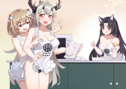 Rule 34 | + +, 3girls, animal ear fluff, animal ears, apron, arknights, black hair, black panties, blush, breasts, brown eyes, brown hair, closed mouth, collarbone, cowgirl position, dog ears, eating, embarrassed, facial mark, food, food on face, forehead mark, frilled apron, frills, gradient background, hair ornament, hairclip, holding, holding food, horns, large breasts, ling huanxiang, long hair, matoimaru (arknights), microwave, mole, mole under eye, multiple girls, nail polish, naked apron, nearly naked apron, open mouth, panties, parted bangs, pink nails, plate, pointy ears, purple eyes, red eyes, saga (arknights), short hair, silver hair, smile, straddling, strap slip, tears, underwear, utage (arknights), very long hair, white apron, yellow background