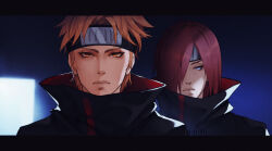 2boys akatsuki_uniform anihelate blue_eyes expressionless forehead_protector frown highres letterboxed male_focus multiple_boys nagato_(naruto) naruto_(series) naruto_shippuuden orange_eyes orange_hair red_hair rinnegan yahiko_(naruto)