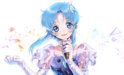 Rule 34 | 1girl, blue dress, blue eyes, broken glass, clenched hand, collarbone, dress, earrings, facial mark, forehead mark, glass, gloves, hair behind ear, hair ornament, head tilt, holding, holding microphone, idol, ishtar (macross), jewelry, kinako (462), macross, macross 2, microphone, music, open mouth, short hair with long locks, simple background, singing, smile, solo, white background, white gloves