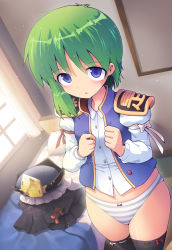 Rule 34 | 1girl, :o, asymmetrical hair, bed, black skirt, black thighhighs, blouse, blue eyes, blue vest, blush, bow, breasts, buttons, commentary request, cowboy shot, dressing, green hair, grey panties, hair between eyes, hat, indoors, kurogarasu, light particles, long sleeves, looking at viewer, open mouth, panties, pillow, red bow, ribbon-trimmed legwear, ribbon trim, shiki eiki, shirt, short hair, shoulder pads, skirt, sleeve bow, small breasts, solo, standing, striped clothes, striped panties, thighhighs, touhou, underwear, unworn hat, unworn headwear, unworn skirt, upturned eyes, vest, white bow, white shirt