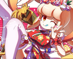 Rule 34 | 1girl, :p, animal ears, blush stickers, breasts, high ponytail, highres, japanese clothes, kimono, large breasts, long hair, looking at viewer, one eye closed, orange eyes, pipiko., rabbit ears, smile, snowrabby, solo, thighhighs, tongue, tongue out, youkai (youkai watch), youkai watch
