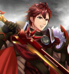 Rule 34 | 1boy, black gloves, cape, clenched teeth, commentary request, diamant (fire emblem), fire emblem, fire emblem engage, fur trim, gloves, highres, holding, holding sword, holding weapon, kakiko210, male focus, nintendo, red cape, red eyes, red hair, short hair, solo, sword, teeth, upper body, weapon