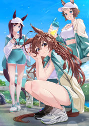Rule 34 | 3girls, abs, adidas, ahoge, alternate costume, animal ears, asymmetrical footwear, black footwear, black hair, blue sky, bottle, braid, brand name imitation, breasts, brown eyes, brown hair, cleavage, closed mouth, cloud, collarbone, commentary request, day, dolphin shorts, ears through headwear, fence, full body, green jacket, green pants, green shorts, grin, hair between eyes, hair ornament, hair through headwear, hand in own hair, hands up, hat, highres, holding, holding bottle, horse ears, horse girl, horse tail, jacket, jacket on shoulders, large breasts, legs, lens flare, long hair, long sleeves, looking at viewer, medium breasts, mejiro bright (umamusume), mejiro dober (umamusume), mejiro ryan (umamusume), midriff, mismatched footwear, multicolored clothes, multicolored hair, multicolored jacket, multiple girls, nabe puyo, open clothes, open jacket, outdoors, own hands together, pants, ponytail, purple eyes, river, shadow, shoes, short hair, shorts, sidelocks, sitting on fence, sky, smile, sneakers, sports bra, squatting, standing, tail, teeth, twin braids, two-tone hair, two-tone jacket, umamusume, wavy hair, white footwear, white hair, white headwear, white jacket, white sports bra