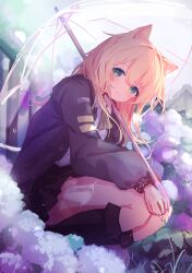 Rule 34 | 1girl, absurdres, animal ears, arknights, ascot, black footwear, black skirt, blonde hair, boots, commentary, dog ears, dog girl, flower, green eyes, green jacket, highres, holding, holding umbrella, infection monitor (arknights), jacket, long hair, long sleeves, looking at viewer, outdoors, pleated skirt, podenco (arknights), rain, shirt, skirt, smile, solo, squatting, suzuiro (chocolatte), thighs, transparent, transparent umbrella, umbrella, white shirt, yellow ascot