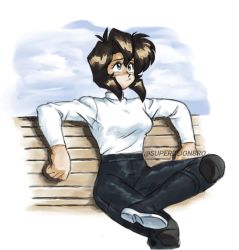 Rule 34 | bench, blue eyes, boots, brown hair, crossed legs, dark-skinned female, dark skin, gunsmith cats, leather, leather pants, pants, rally vincent, sitting, superdeionbro, sweater