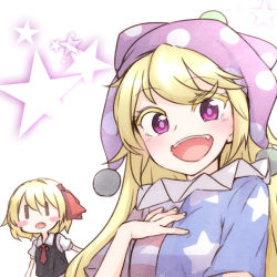 Rule 34 | 2girls, :d, american flag dress, american flag shirt, colored eyelashes, blonde hair, blush, clownpiece, colored eyelashes, fangs, hat, jester cap, kameyan, looking at viewer, multiple girls, neck ruff, open mouth, purple eyes, rumia, short hair, short sleeves, simple background, smile, star (symbol), touhou, white background, | |