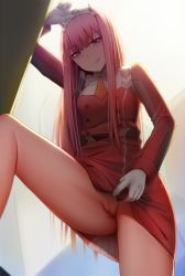 Rule 34 | 10s, 1girl, :q, blue eyes, blunt bangs, censored, cleft of venus, commentary, darling in the franxx, ginhaha, gloves, long hair, mosaic censoring, no panties, pink hair, pussy, solo, thighs, tongue, tongue out, very long hair, white gloves, zero two (darling in the franxx)