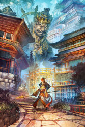 Rule 34 | 1girl, architecture, boots, buddha, building, cloud, colorful, crown, dress, east asian architecture, high heel boots, high heels, highres, original, outdoors, polearm, sash, see-through, solo, spear, stairs, standing, statue, temple, tree, water, waterfall, weapon, zounose