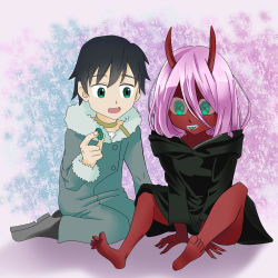 Rule 34 | 10s, 1boy, 1girl, bandages, barefoot, black cloak, black hair, blue eyes, boots, candy, cloak, coat, colored sclera, colored skin, couple, darling in the franxx, food, fringe trim, fur trim, green eyes, grey coat, highres, hiro (darling in the franxx), holding, holding candy, holding food, hood, hooded cloak, horns, in mouth, lone-wolf00, long hair, oni horns, parka, pink hair, red horns, red pupils, red sclera, red skin, seiza, short hair, sitting, winter clothes, winter coat, aged down, zero two (darling in the franxx)