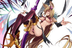 Rule 34 | 10s, 1girl, :q, absurdly long hair, animal ears, ass, blonde hair, bow (weapon), breasts, chain, detached sleeves, covered erect nipples, erune, giji eizan, granblue fantasy, high heels, highres, long hair, metera (granblue fantasy), nipple piercing, nipple rings, piercing, smile, solo, thighhighs, tongue, tongue out, torn clothes, underboob, very long hair, weapon, yellow eyes