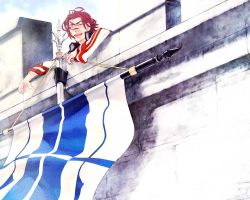 Rule 34 | 1boy, bad id, bad pixiv id, closed eyes, coat, flag, gensou suikoden, gensou suikoden ii, kaburaya, male focus, red hair, seed (suikoden), smile, solo