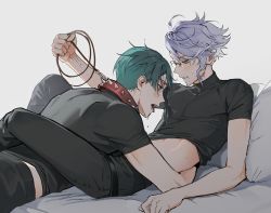 Rule 34 | 2boys, absurdres, arm support, azul ashengrotto, bdsm, bed sheet, belt, black hair, black pants, black shirt, blue hair, blush, clothes lift, collar, couple, drooling, glasses, grey hair, highres, holding, holding leash, hug, hyakutennnn, jade leech, knee up, leash, leg lock, looking at another, looking away, looking down, lying, male focus, midriff, midriff peek, multicolored hair, multiple boys, on back, on bed, on stomach, open mouth, outstretched arm, pants, pillow, pulling, purple hair, reclining, rimless eyewear, saliva, sharp teeth, shirt, shirt lift, short hair, short sleeves, sidelocks, spiked collar, spikes, streaked hair, teeth, tight clothes, tight shirt, toned, toned male, tongue, tongue out, turtleneck, twisted wonderland, veins, yaoi, yellow eyes