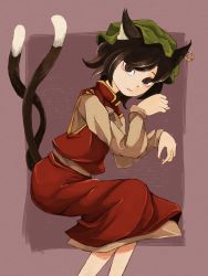 Rule 34 | 1girl, :3, animal ears, awk chan, brown eyes, brown hair, cat ears, cat tail, chen, closed mouth, earrings, eyebrows hidden by hair, feet out of frame, gold trim, green hat, grey shirt, hat, highres, jewelry, long sleeves, looking at viewer, mob cap, multiple tails, nekomata, paw pose, pink background, red skirt, red vest, shirt, short hair, simple background, single earring, sitting, skirt, solo, swept bangs, tail, touhou, two tails, vest