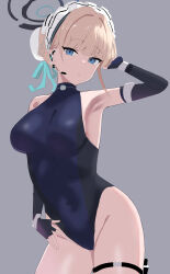 Rule 34 | 1girl, absurdres, armpits, aw999555, black gloves, black leotard, blonde hair, blue archive, blue eyes, blue halo, breasts, bun cover, covered navel, cowboy shot, fingerless gloves, gloves, grey background, hair bun, halo, highres, large breasts, leotard, looking at viewer, maid headdress, parted lips, short hair, simple background, single hair bun, sketch, solo, toki (blue archive)