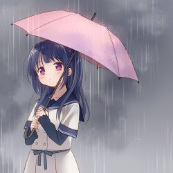 Rule 34 | 1girl, grey background, holding, holding umbrella, layered sleeves, long hair, piyodera mucha, rain, solo, tears, umbrella