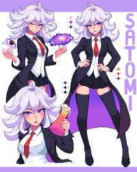 Rule 34 | 1girl, absurdres, black thighhighs, breasts, character name, erlenmeyer flask, flask, full body, hands on own hips, highres, looking at viewer, necktie, one eye closed, pixel art, pleated skirt, purple eyes, red necktie, satomi (yumyverse), simple background, skirt, solo, standing, thighhighs, yumykon, yumyverse, zettai ryouiki