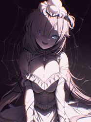 1girl absurdres akai_haato akai_haato_(9th_costume) bandaged_arm bandages blue_eyes breasts breasts_squeezed_together bug choker chromatic_aberration cleavage commentary creature_on_head face_in_shadow film_grain frilled_choker frills hair_over_one_eye highres hololive kobiyongo large_breasts long_hair looking_at_viewer official_alternate_costume one_side_up open_mouth silk smile solo spider spider_web symbol-only_commentary virtual_youtuber