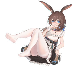 Rule 34 | 1girl, absurdres, amiya (arknights), animal ear fluff, animal ears, apron, arknights, black dress, black footwear, blue eyes, blush, brown hair, commentary request, dress, frilled apron, frills, full body, hair between eyes, high heels, highres, hui yu yu yu ye, long hair, looking at viewer, no shoes, open mouth, pantyhose, rabbit ears, ribbon-trimmed apron, ribbon trim, shoes, unworn shoes, solo, thighband pantyhose, very long hair, wavy mouth, white apron, white pantyhose, wrist cuffs