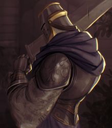 Rule 34 | 1boy, armor, breastplate, cathedral knight (dark souls), commentary, dark souls (series), dark souls iii, english commentary, from behind, gauntlets, helmet, holding, holding sword, holding weapon, pauldrons, shoulder armor, sleepysolaire, solo, sword, upper body, weapon