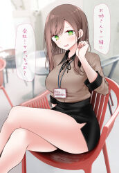 Rule 34 | 1girl, @ @, arm behind back, black ribbon, black skirt, blurry, blurry background, blush, breasts, brown hair, brown shirt, collared shirt, commentary request, crossed legs, eyelashes, feet out of frame, green eyes, hand up, highres, impossible clothes, large breasts, legs, long hair, looking at viewer, miniskirt, nail polish, neck ribbon, office lady, ol-chan (oouso), oouso, open mouth, original, pantyhose, pencil skirt, ribbon, shadow, shirt, sidelocks, sitting, skirt, solo, speech bubble, swept bangs, thighs, translation request, white pantyhose