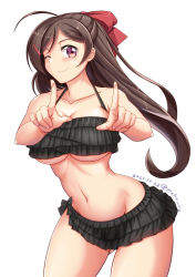 Rule 34 | 1girl, bikini, bikini skirt, black bikini, breasts, brown hair, cleavage, collarbone, contrapposto, cowboy shot, dated, hair ornament, hair ribbon, hairclip, index fingers raised, kantai collection, large breasts, long hair, looking at viewer, mamiya (kancolle), moke ro, one eye closed, ribbon, simple background, solo, standing, swimsuit, twitter username, white background