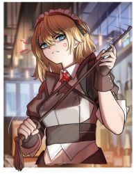 Rule 34 | 1girl, absurdres, angry, armor, black gloves, blonde hair, blue eyes, cheogtanbyeong, fingerless gloves, from above, g36 (girls&#039; frontline), g36 (mod3) (girls&#039; frontline), girls&#039; frontline, gloves, highres, holding, holding riding crop, holding whip, long hair, looking at viewer, maid, maid headdress, riding crop, shirt, simple background, solo, upper body, white shirt