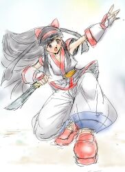 Rule 34 | 1girl, ainu clothes, armpits, arms up, black hair, breasts, brown eyes, clenched hand, fingerless gloves, gloves, hair ribbon, highres, legs, long hair, nakoruru, oekaki, open mouth, outstretched arm, pants, ribbon, samurai spirits, small breasts, snk, squatting, the king of fighters, thighs, weapon