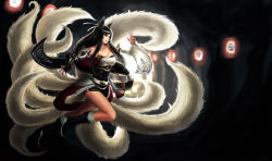 Rule 34 | 1girl, ahri (league of legends), animal ears, artnohearts, artnothearts, black eyes, black hair, boots, breasts, cleavage, facial mark, fingerless gloves, fox ears, fox tail, gauntlets, gloves, highres, korean clothes, large breasts, league of legends, lips, multiple tails, running, solo, tail, whisker markings