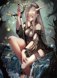 Rule 34 | 1girl, absurdres, arknights, bare legs, bare shoulders, breasts, commentary request, forest, high ponytail, highres, horns, long hair, looking at viewer, main0567, medium breasts, nature, official alternate costume, outdoors, parted hair, parted lips, pointy ears, red eyes, shining (arknights), shining (silent night) (arknights), silver hair, sitting, solo, straight hair, very long hair