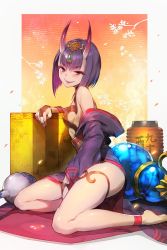 Rule 34 | 1girl, bare legs, barefoot, blush, breasts, commentary request, fate/grand order, fate (series), from side, highres, horns, japanese clothes, kakage, kimono, lantern, leaning on object, looking at viewer, oni, open mouth, purple eyes, purple hair, short hair, shuten douji (fate), shuten douji (first ascension) (fate), sitting, skin-covered horns, small breasts, smile, solo, thighs
