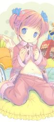 Rule 34 | 1girl, absurdres, belly, blue eyes, blush, buttons, clock, flat chest, flower, hair ornament, hairpin, highres, kneeling, long sleeves, marl (project witch), midriff, navel, non-web source, open clothes, pajamas, panties, pantyshot, pillow, pop, project witch, red hair, scrunchie, short hair, short twintails, solo, twintails, unbuttoned, underwear, white panties